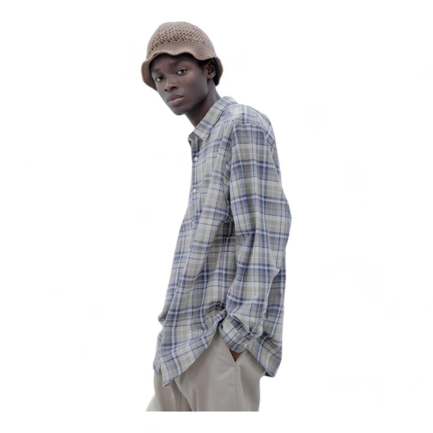 UNIFORM EXPERIMENT LINEN CHECK LOGO BAGGY SHIRT