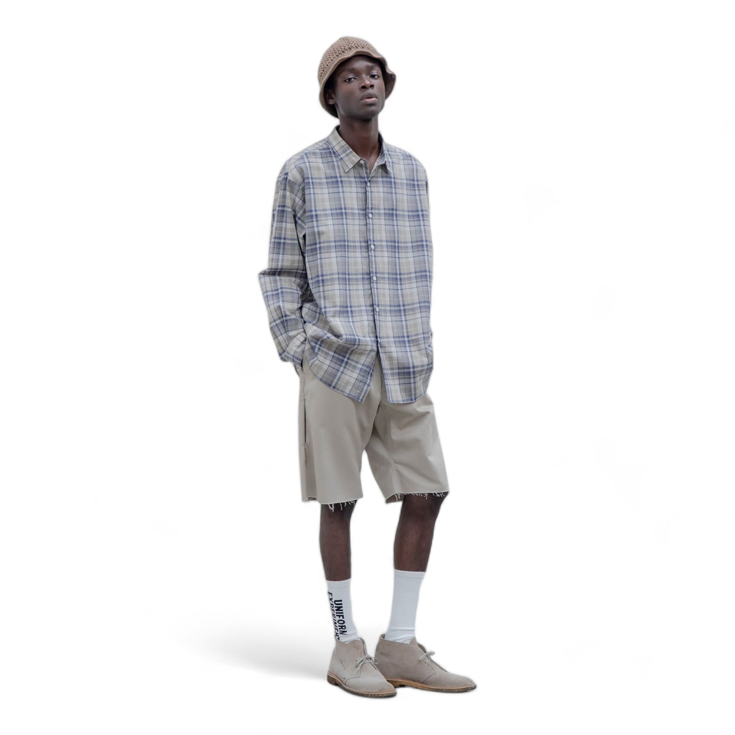 UNIFORM EXPERIMENT LINEN CHECK LOGO BAGGY SHIRT