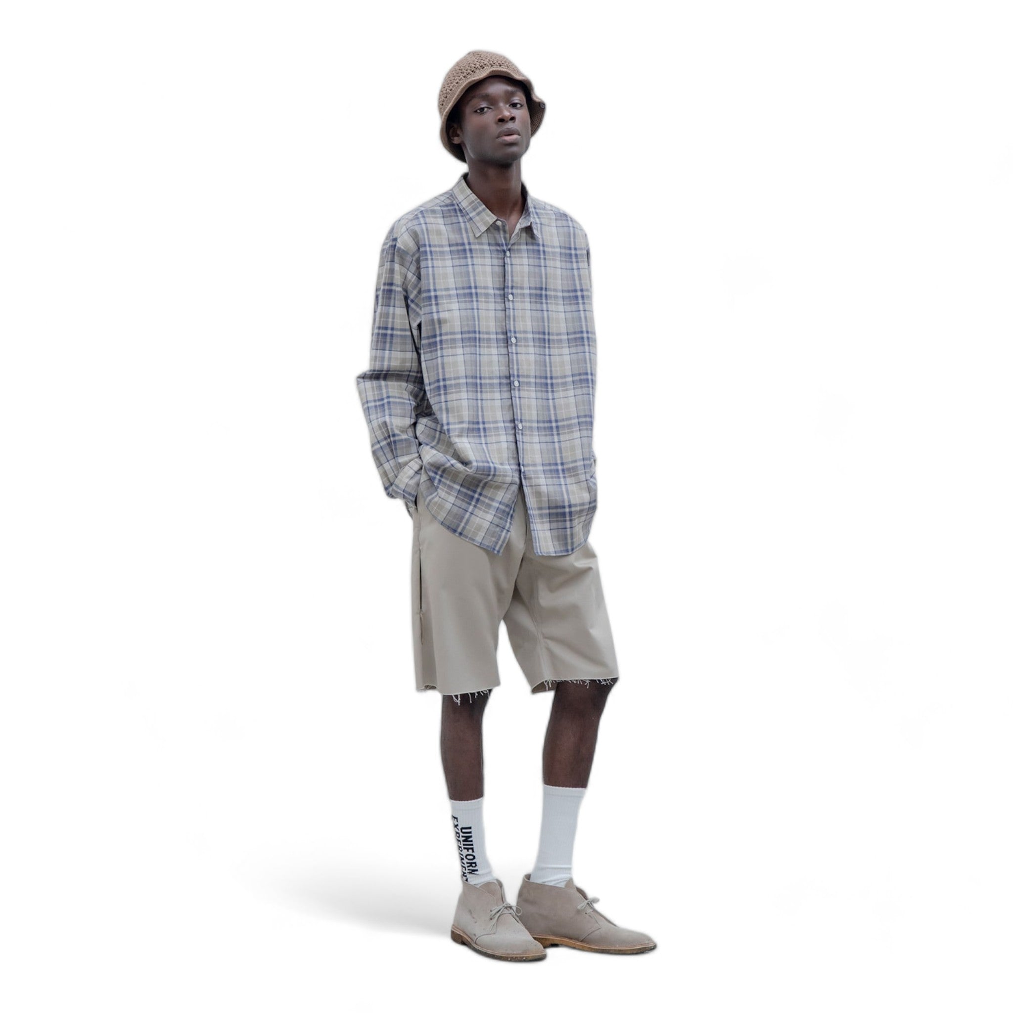 Uniform Experiment Linen Check Logo Baggy Shirt